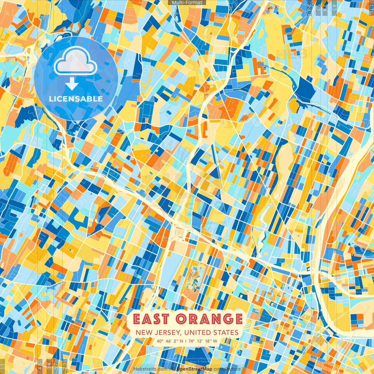 East Orange, New Jersey, United States blue and orange vector art map template