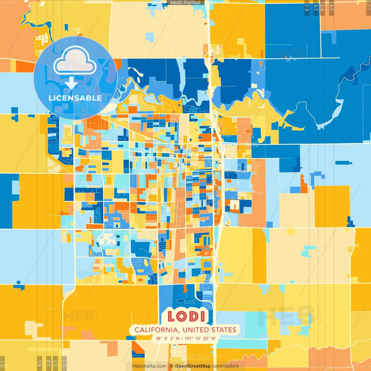 Lodi, California, United States blue and orange vector art map template