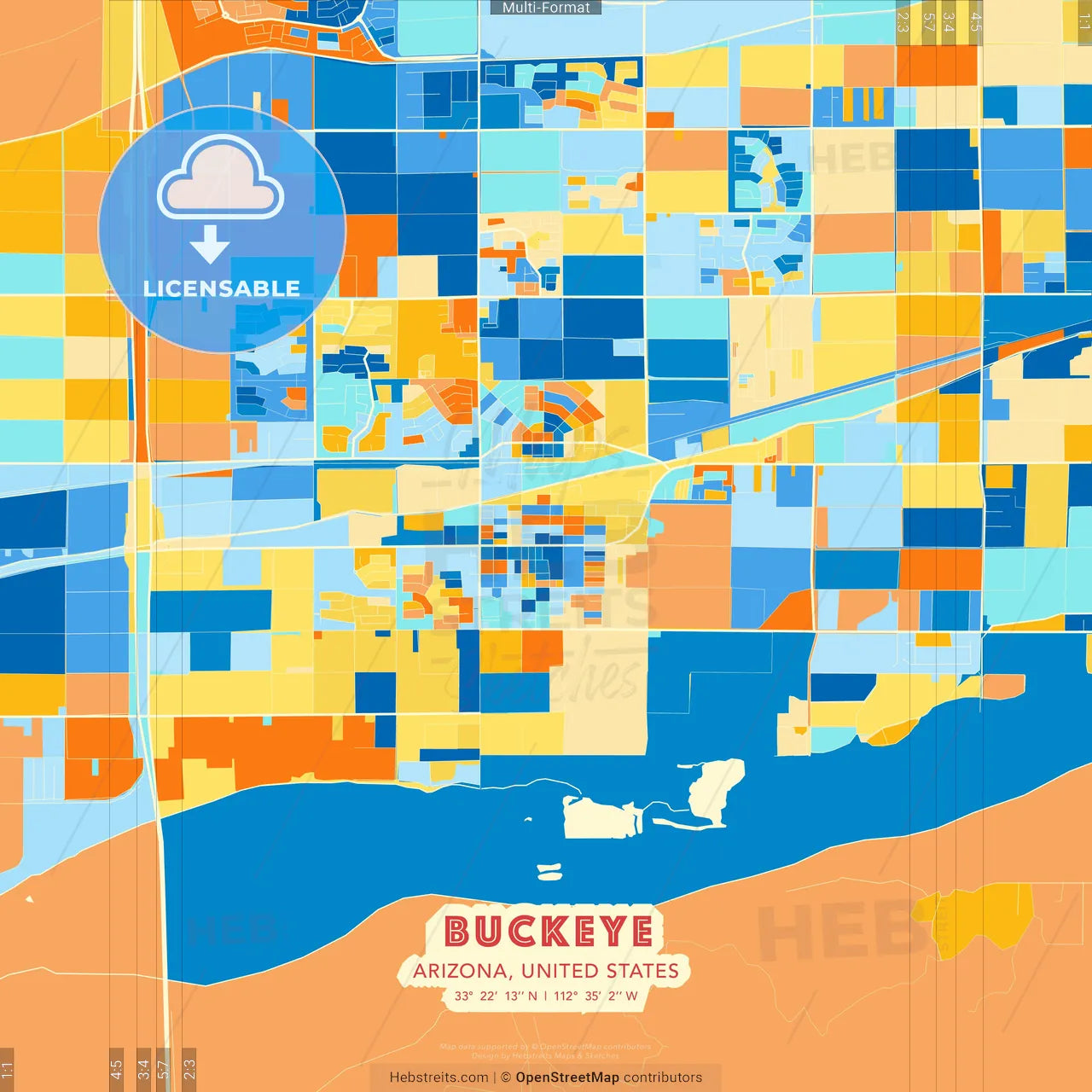 Buckeye, Arizona, United States blue and orange vector art map template