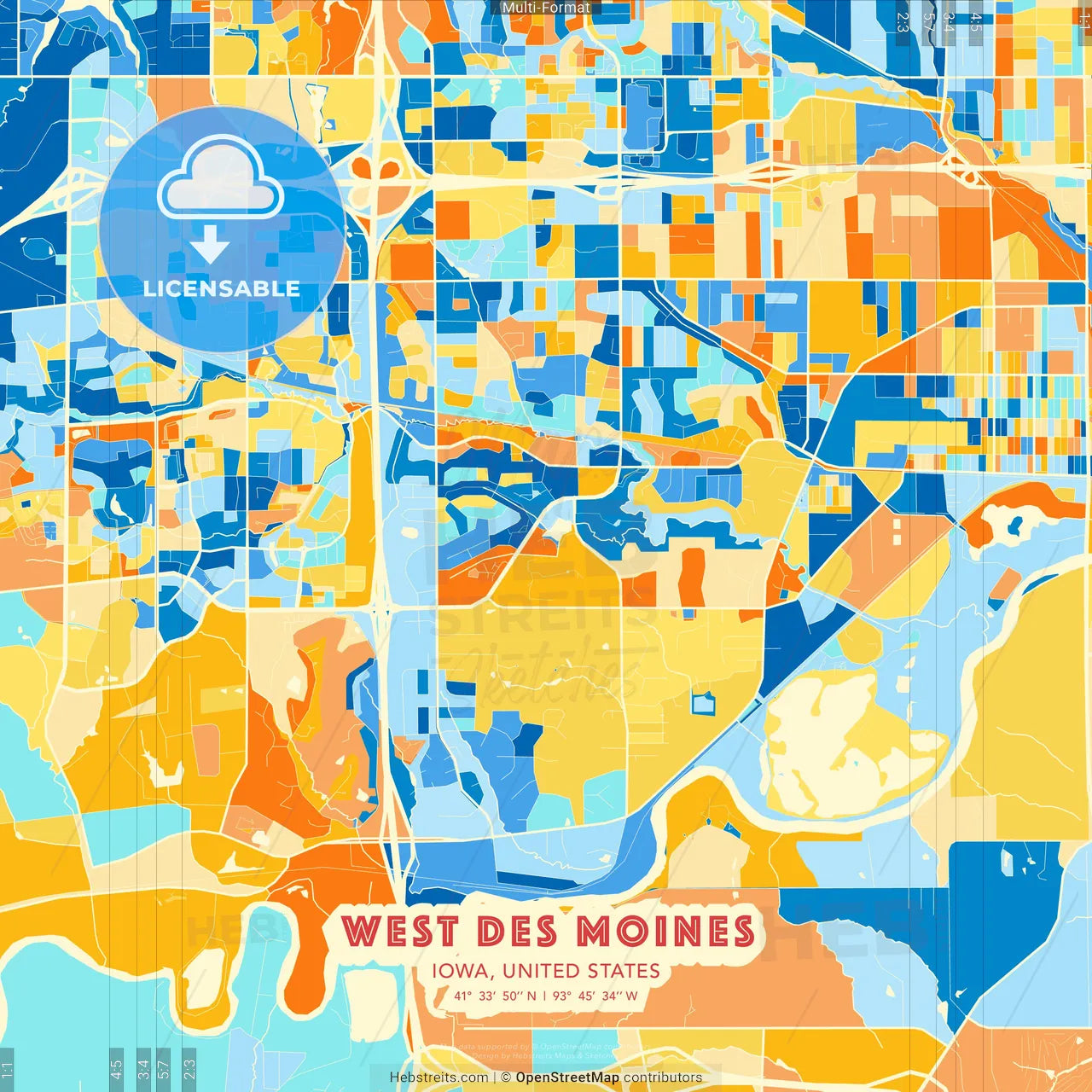 West Des Moines, Iowa, United States blue and orange vector art map template