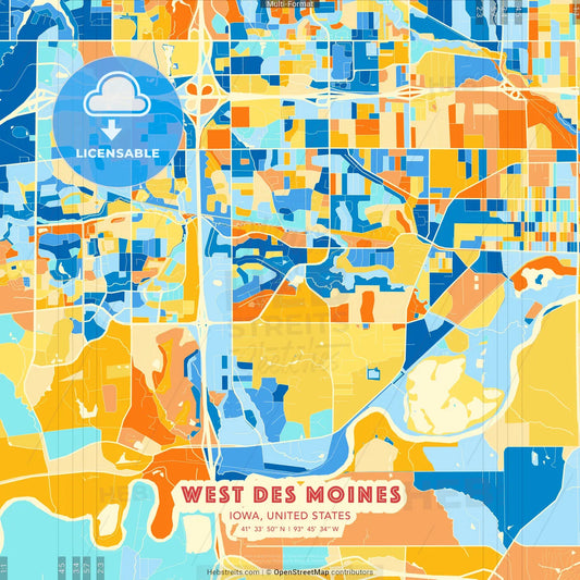 West Des Moines, Iowa, United States blue and orange vector art map template
