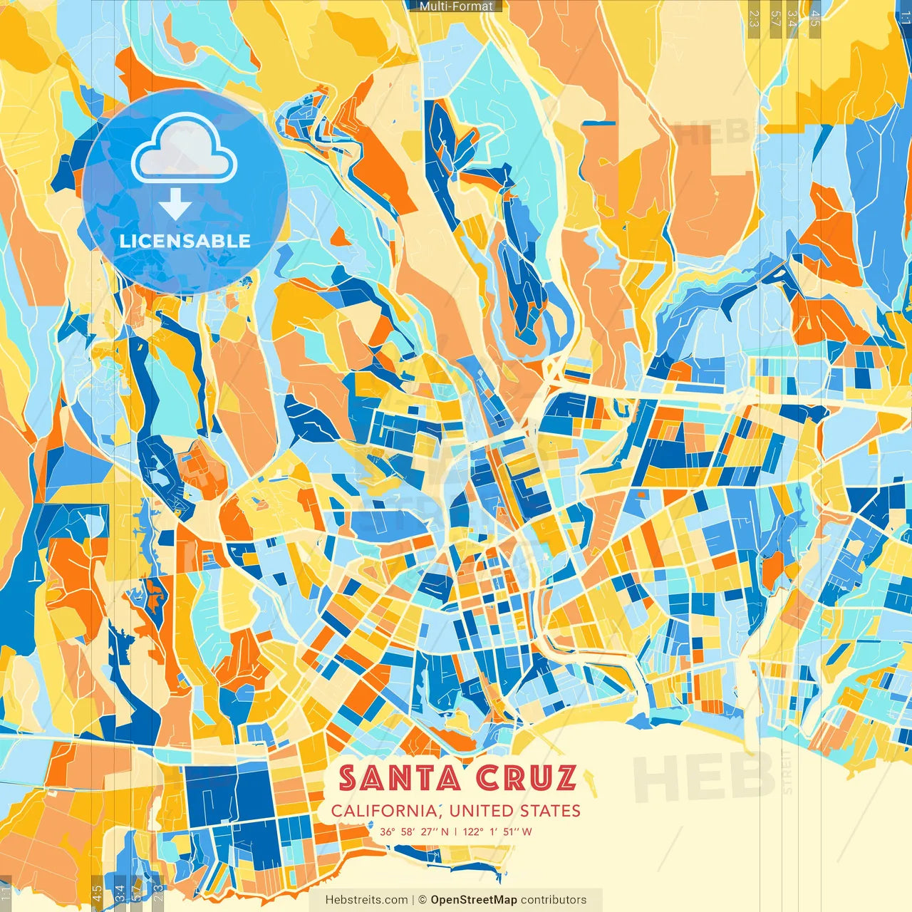 Santa Cruz, California, United States blue and orange vector art map template