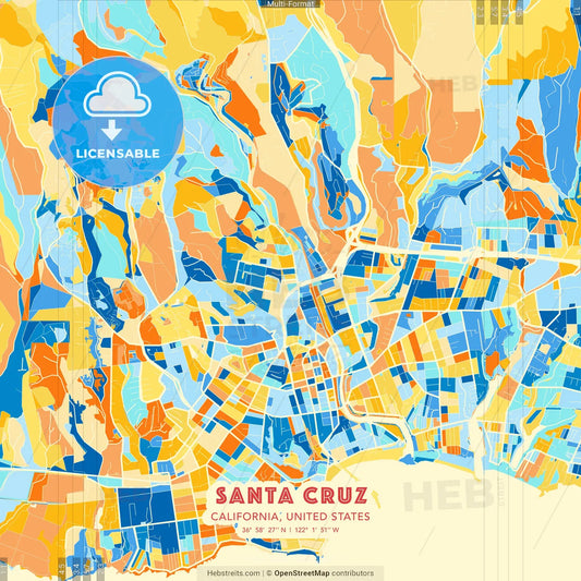 Santa Cruz, California, United States blue and orange vector art map template