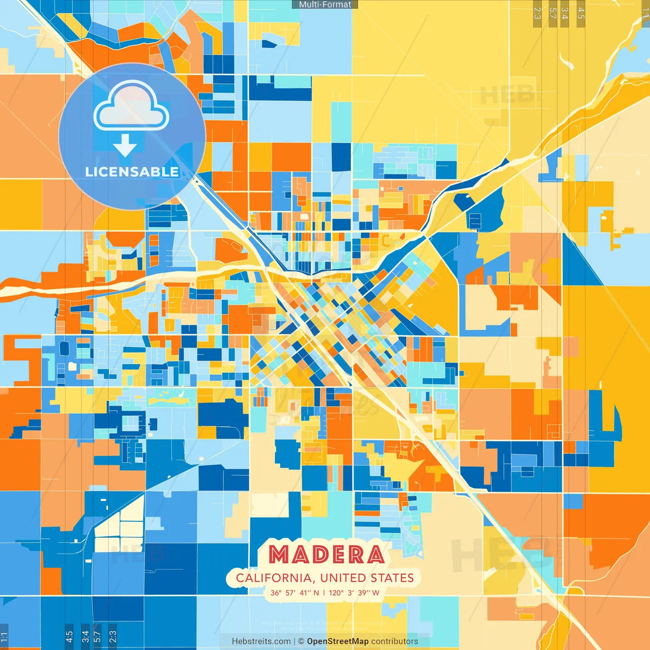 Madera, California, United States blue and orange vector art map template