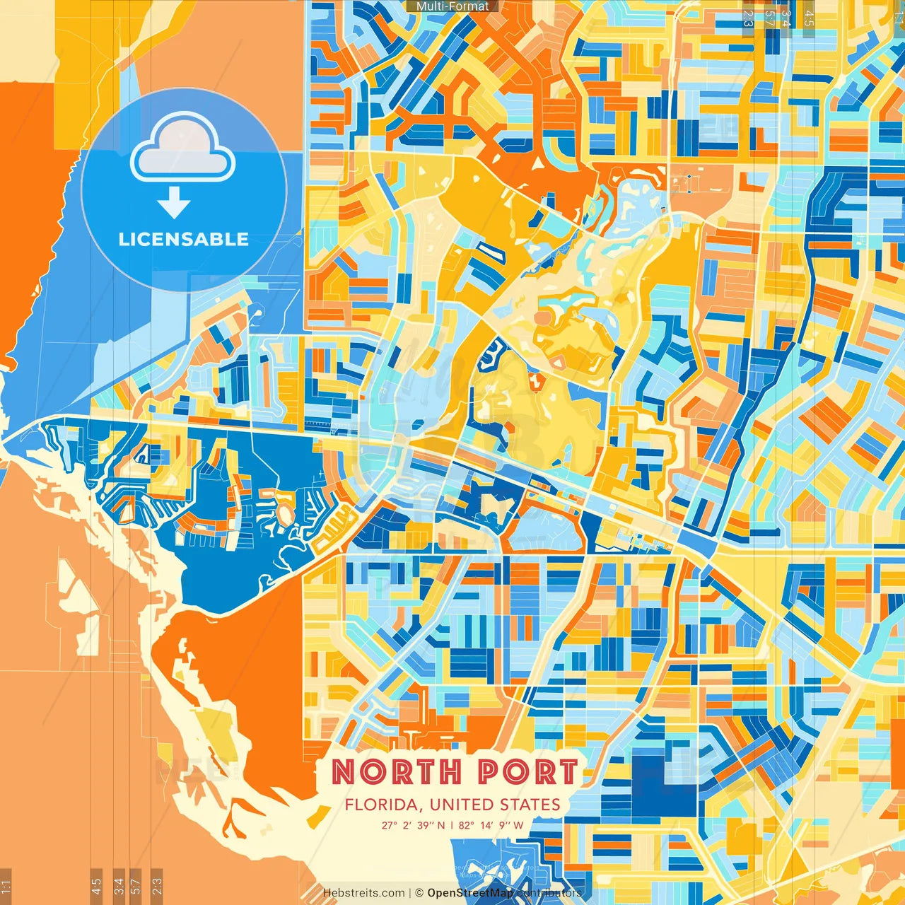 North Port, Florida, United States blue and orange vector art map template