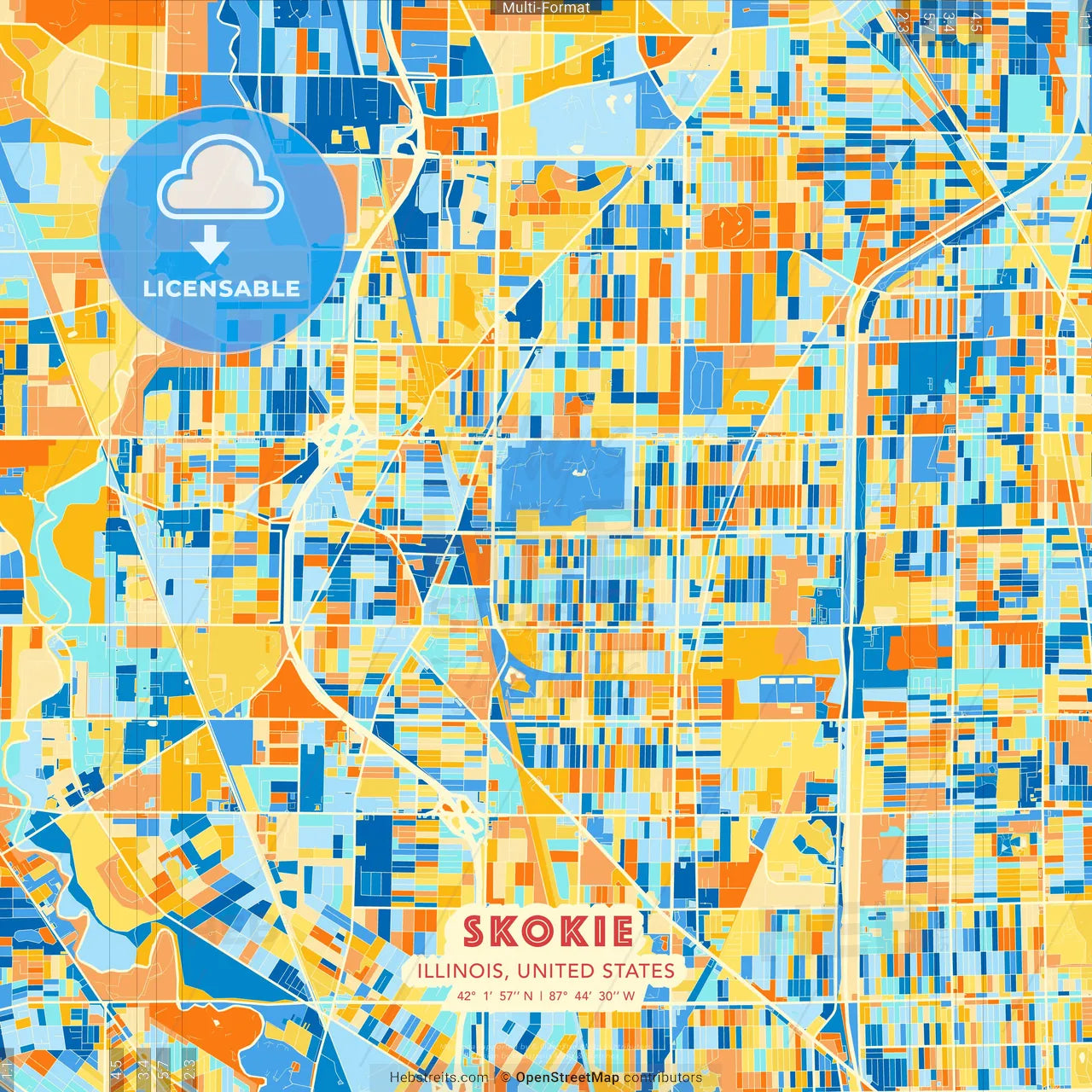 Skokie, Illinois, United States blue and orange vector art map template