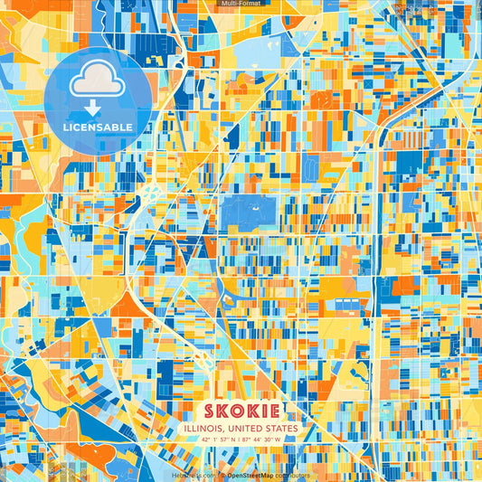 Skokie, Illinois, United States blue and orange vector art map template