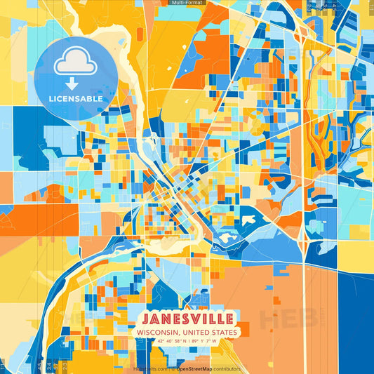 Janesville, Wisconsin, United States blue and orange vector art map template