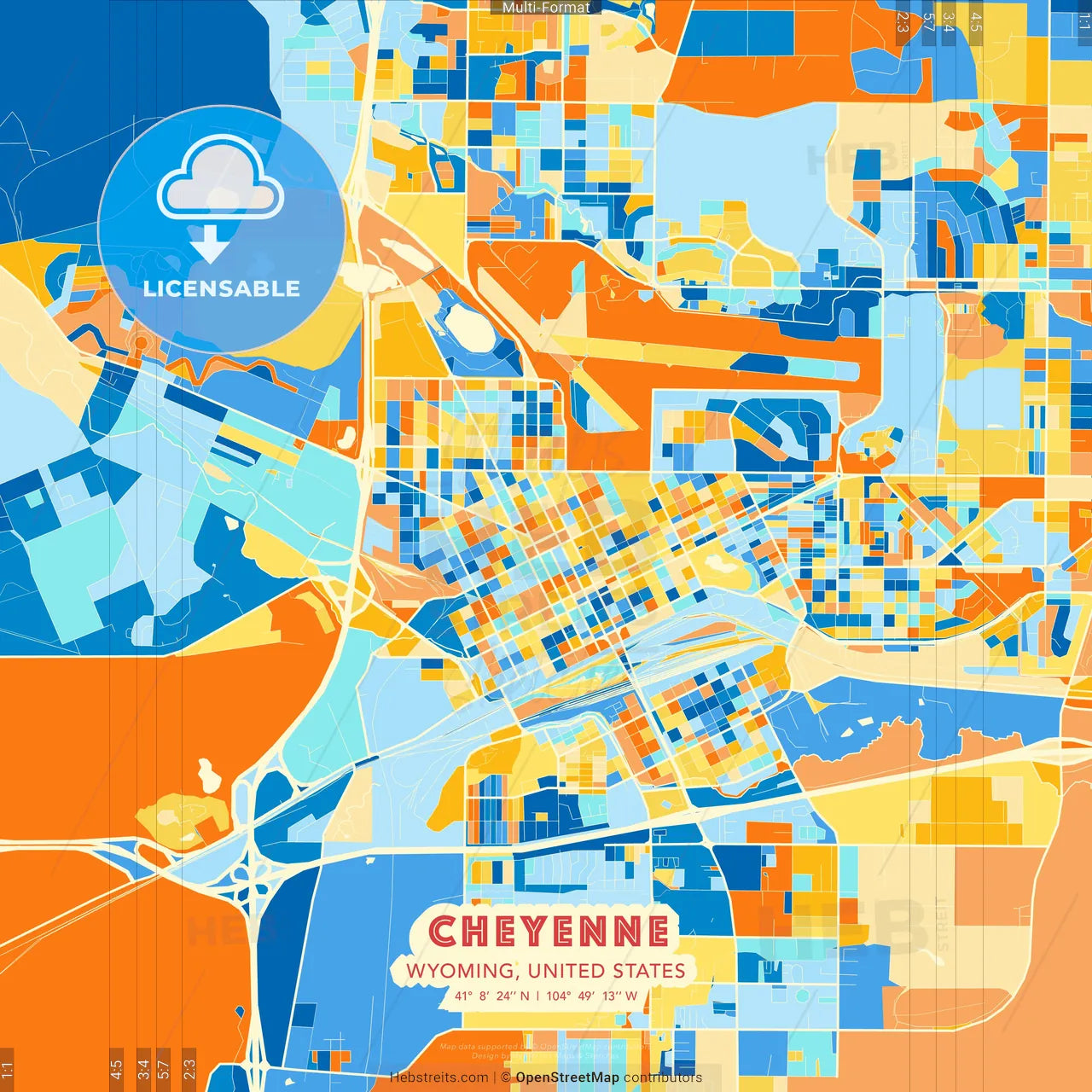 Cheyenne, Wyoming, United States blue and orange vector art map template