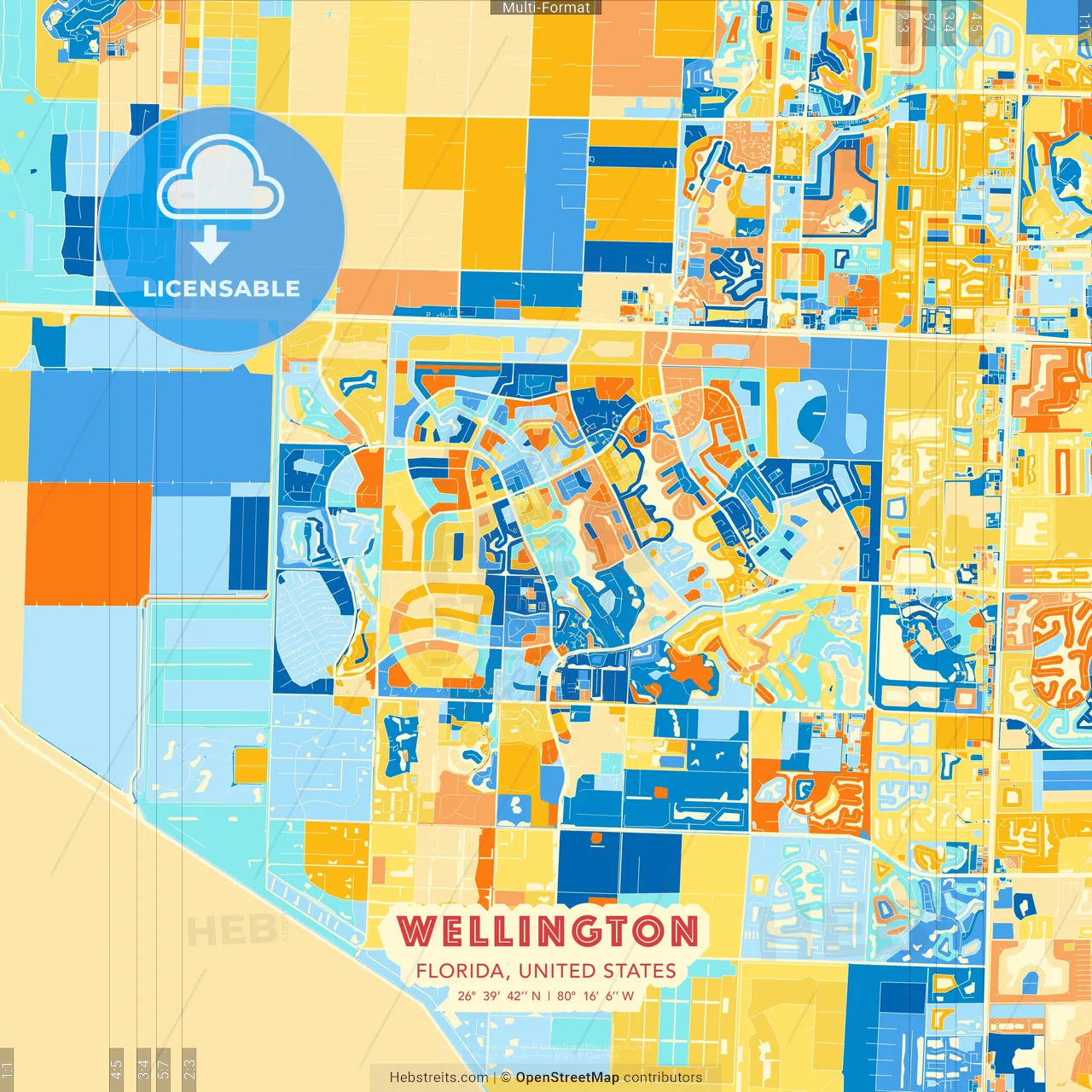 Wellington, Florida, United States blue and orange vector art map template