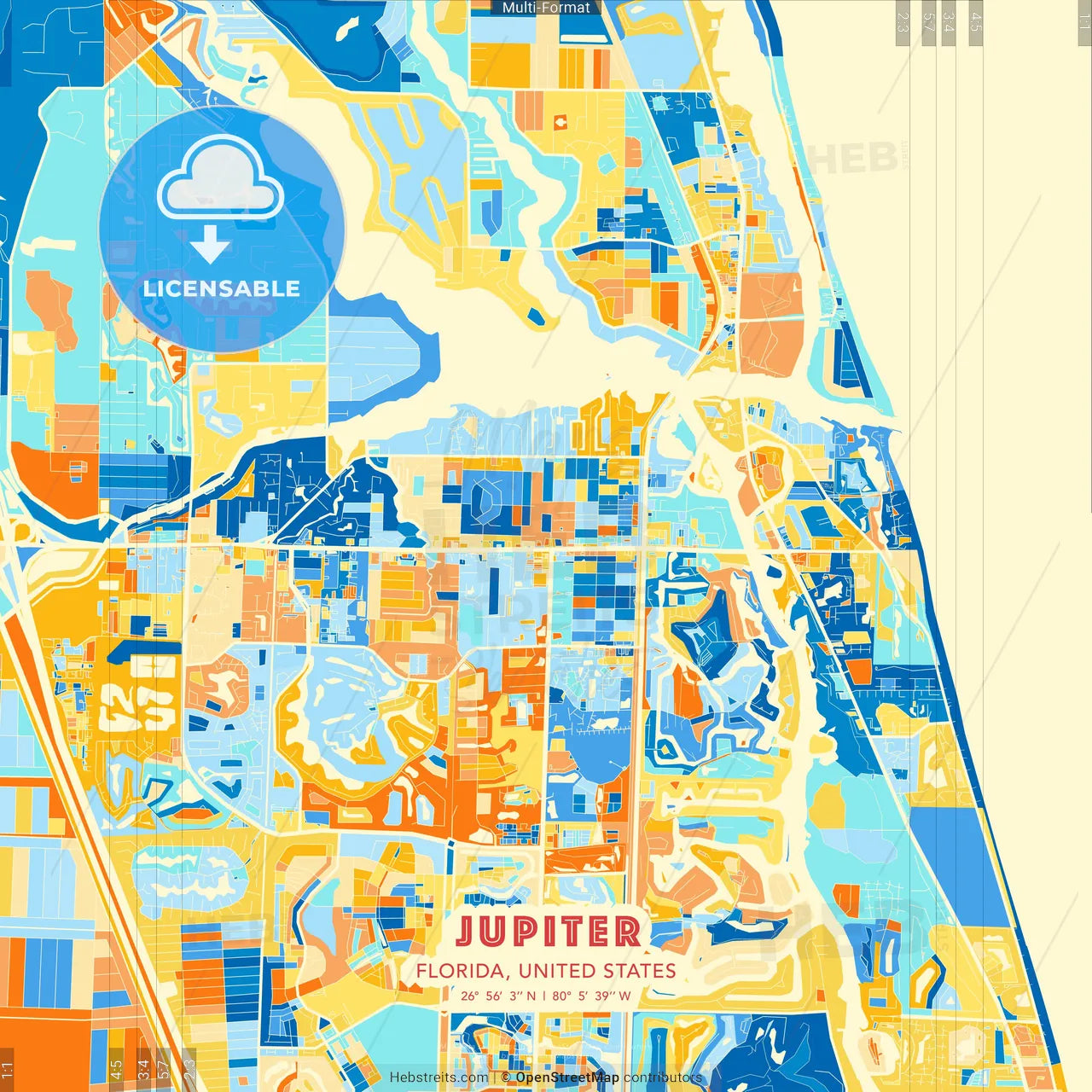 Jupiter, Florida, United States blue and orange vector art map template