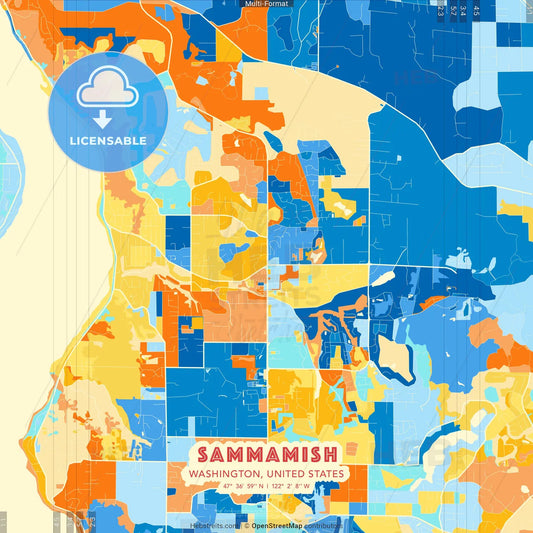 Sammamish, Washington, United States blue and orange vector art map template