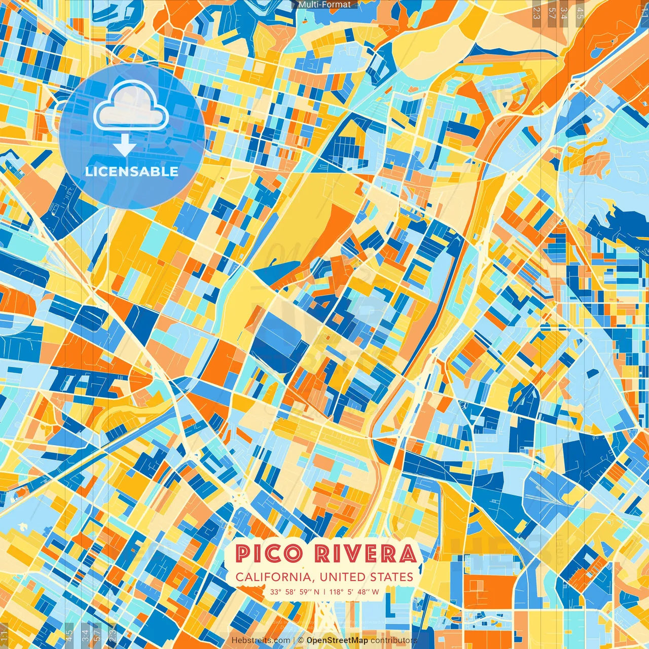 Pico Rivera, California, United States blue and orange vector art map template