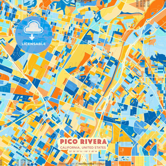 Pico Rivera, California, United States blue and orange vector art map template