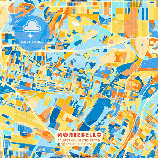 Montebello, California, United States blue and orange vector art map template