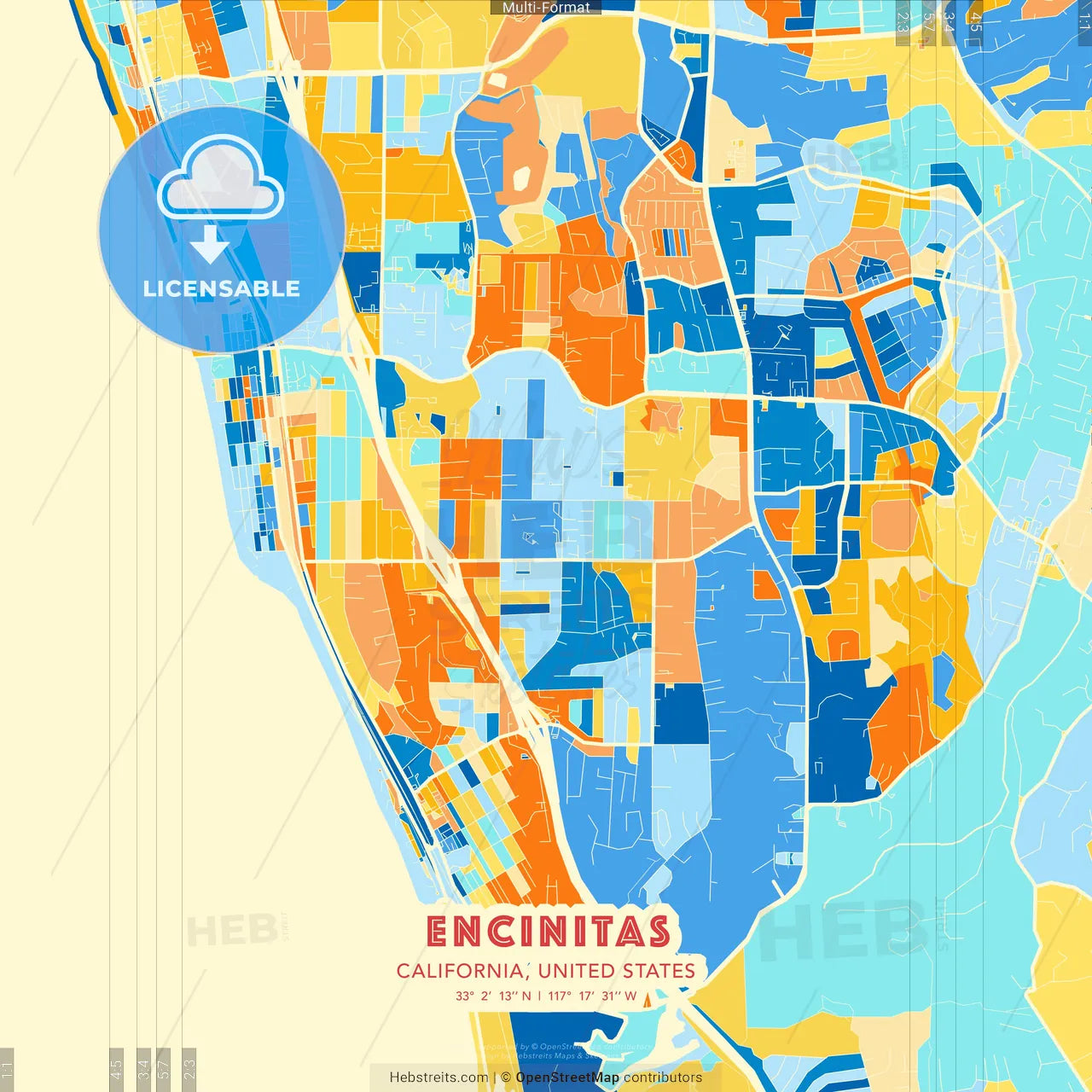 Encinitas, California, United States blue and orange vector art map template