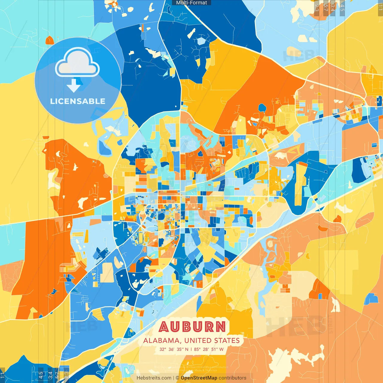 Auburn, Alabama, United States blue and orange vector art map template