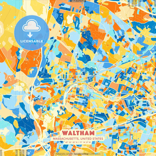 Waltham, Massachusetts, United States blue and orange vector art map template