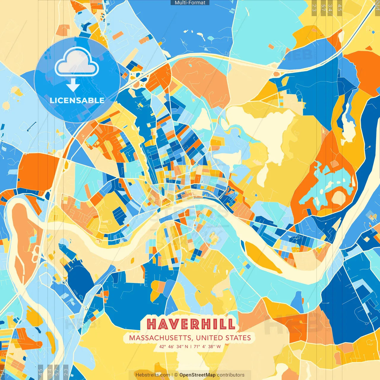 Haverhill, Massachusetts, United States blue and orange vector art map template