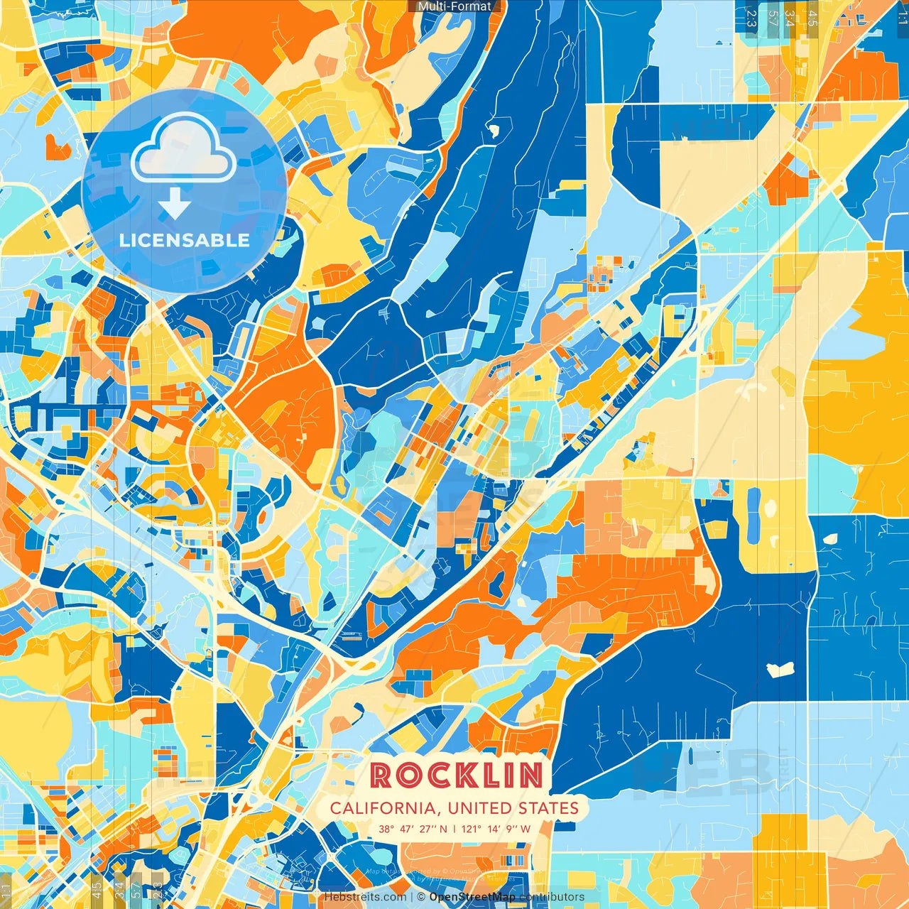 Rocklin, California, United States blue and orange vector art map template