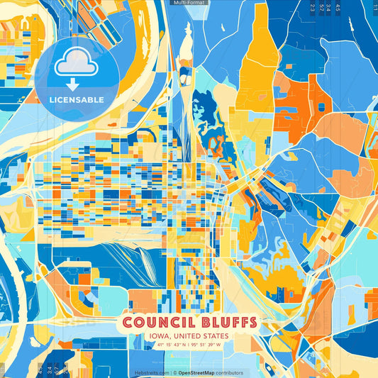 Council Bluffs, Iowa, United States blue and orange vector art map template