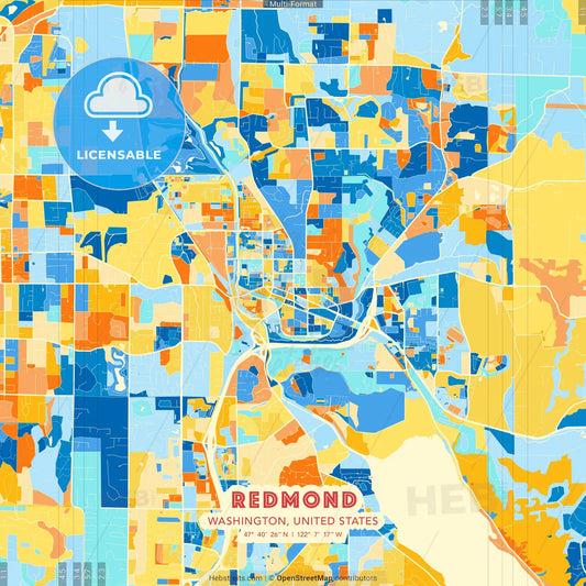 Redmond, Washington, United States blue and orange vector art map template