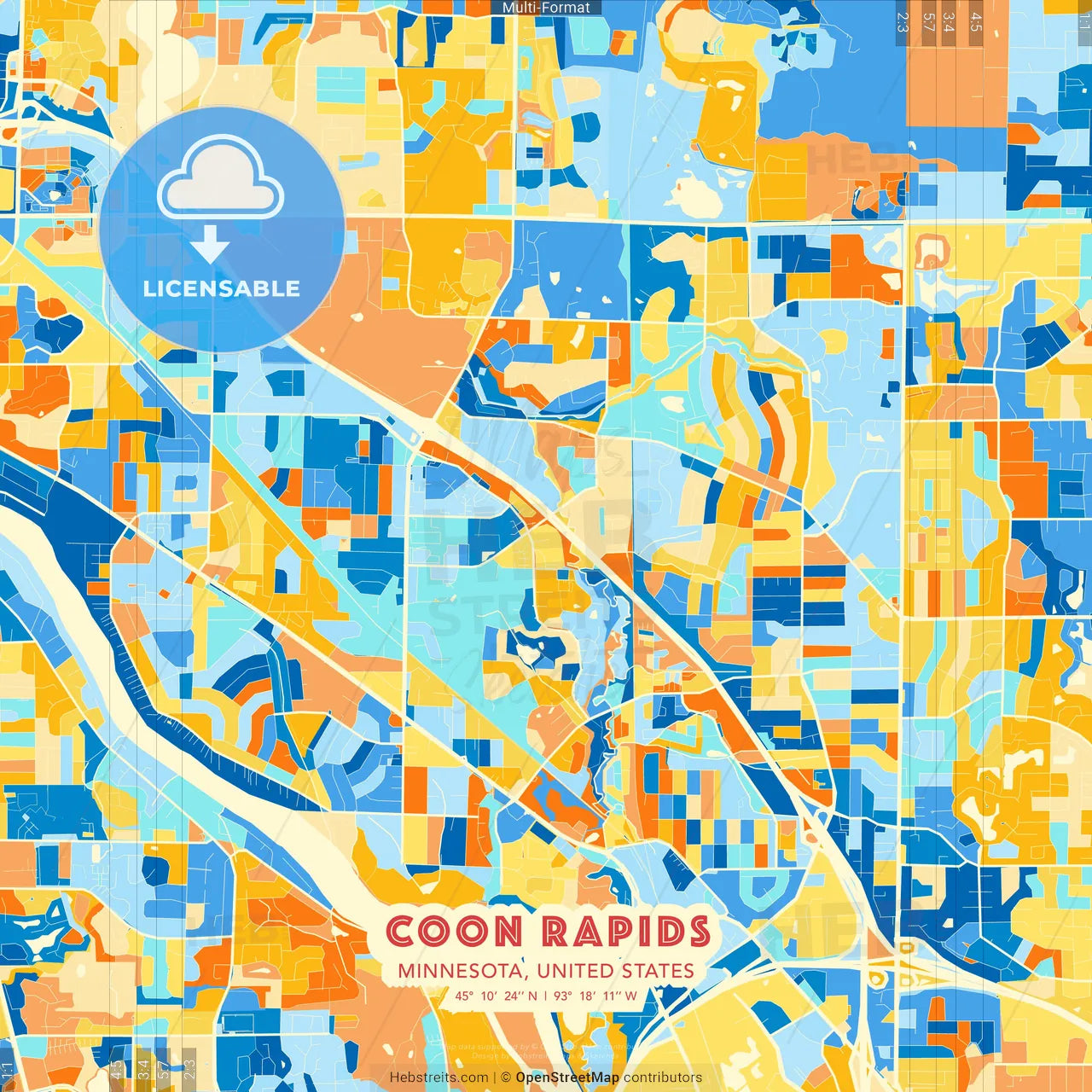Coon Rapids, Minnesota, United States blue and orange vector art map template