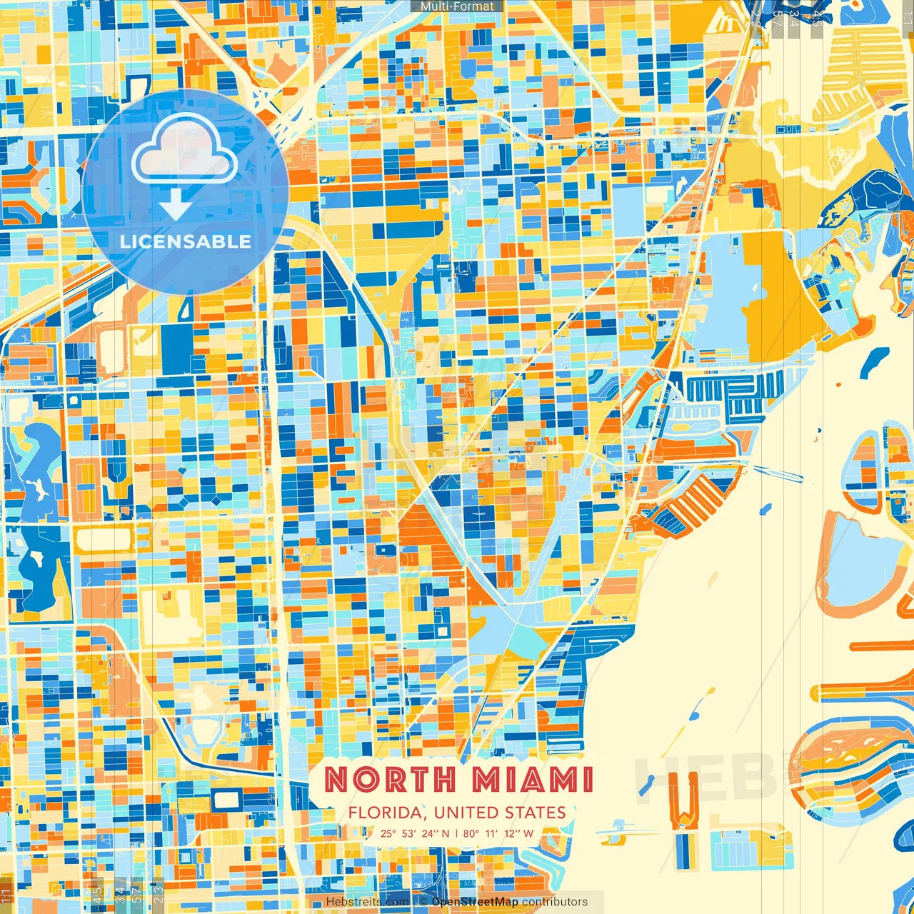 North Miami, Florida, United States blue and orange vector art map template