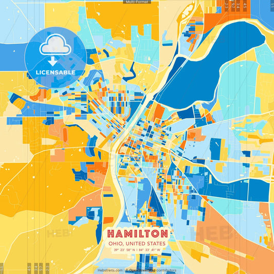 Hamilton, Ohio, United States blue and orange vector art map template