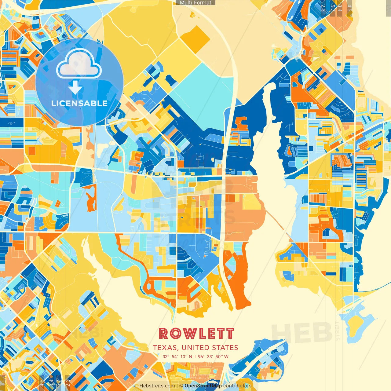 Rowlett, Texas, United States blue and orange vector art map template