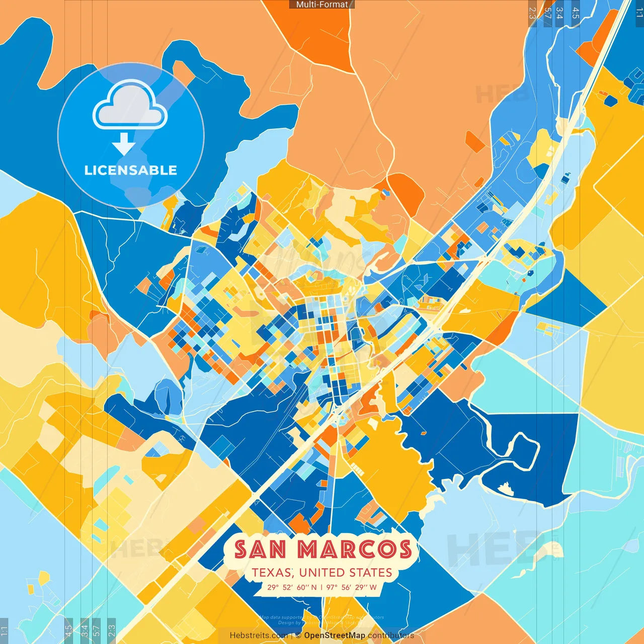 San Marcos, Texas, United States blue and orange vector art map template
