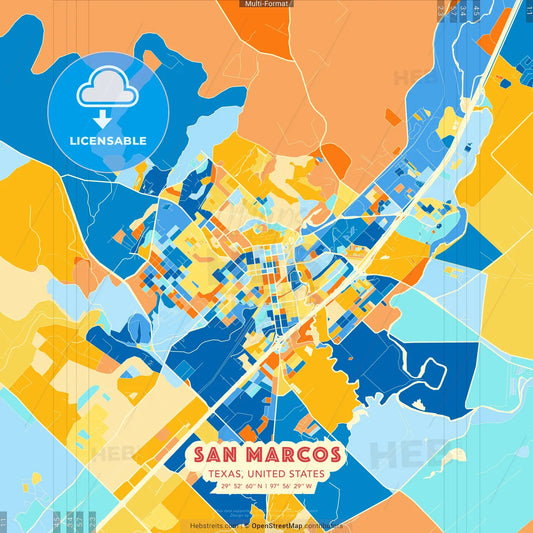 San Marcos, Texas, United States blue and orange vector art map template