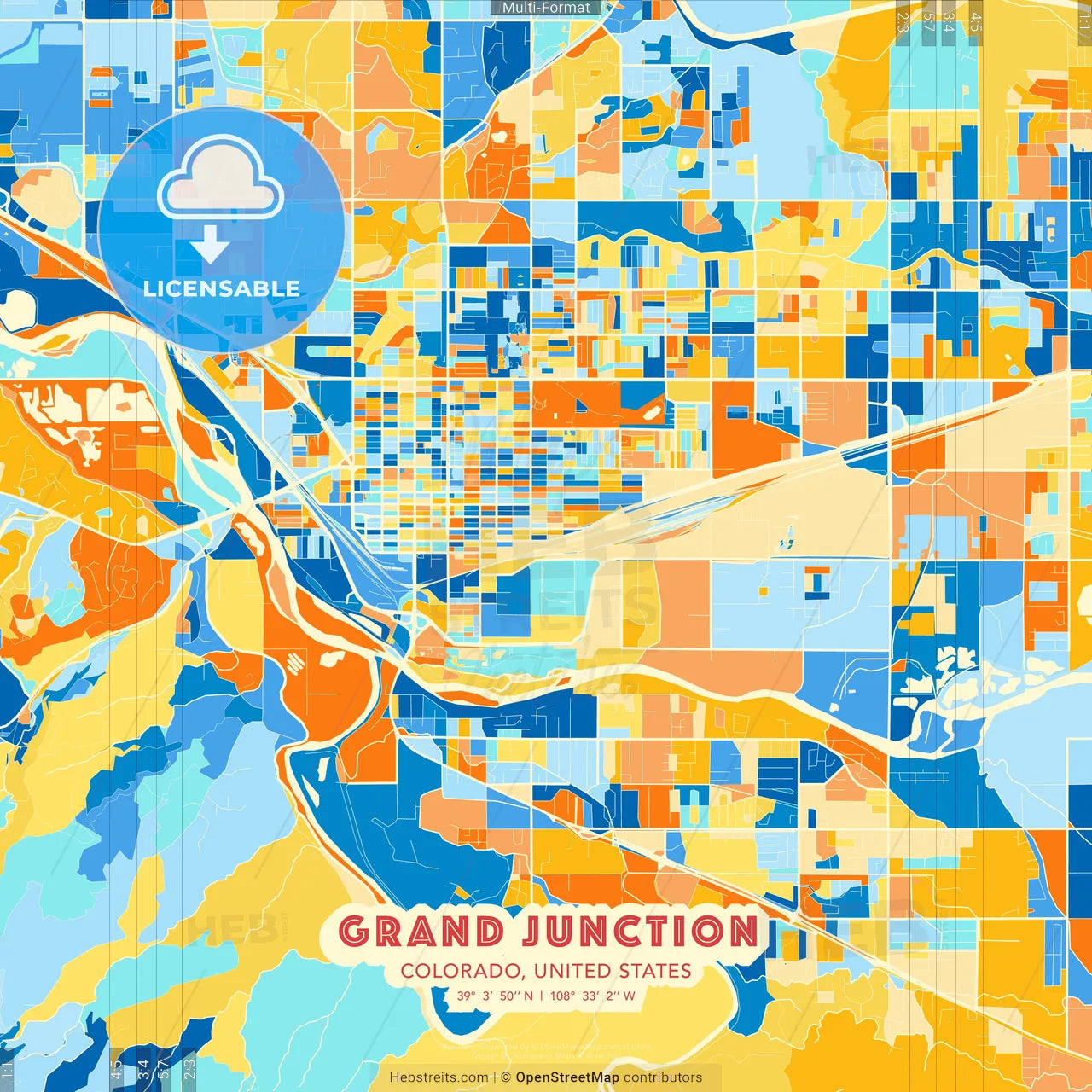 Grand Junction, Colorado, United States blue and orange vector art map template