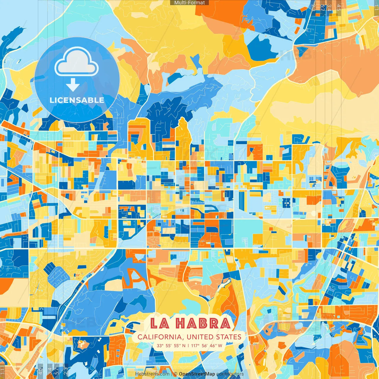 La Habra, California, United States blue and orange vector art map template