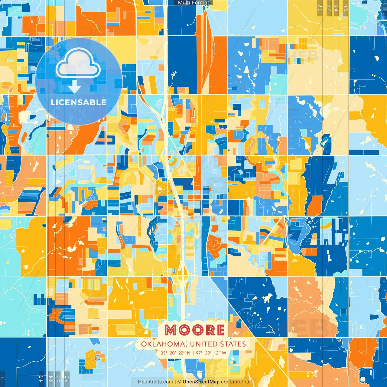 Moore, Oklahoma, United States blue and orange vector art map template