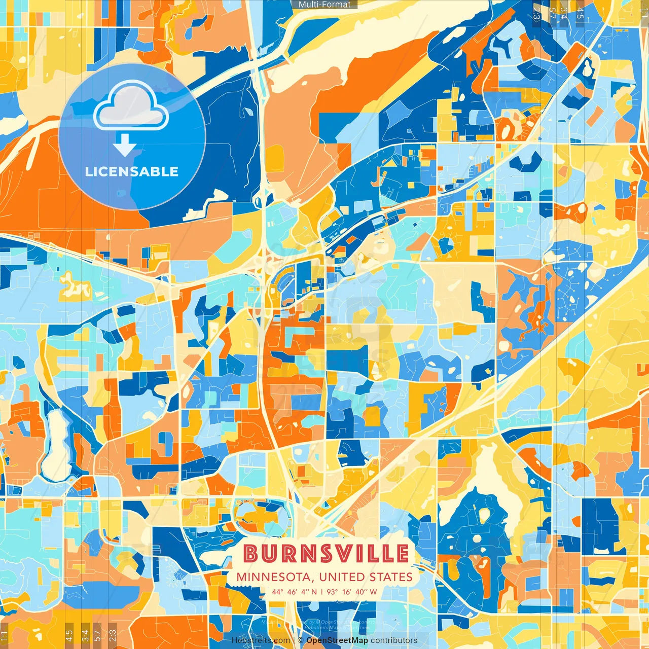 Burnsville, Minnesota, United States blue and orange vector art map template