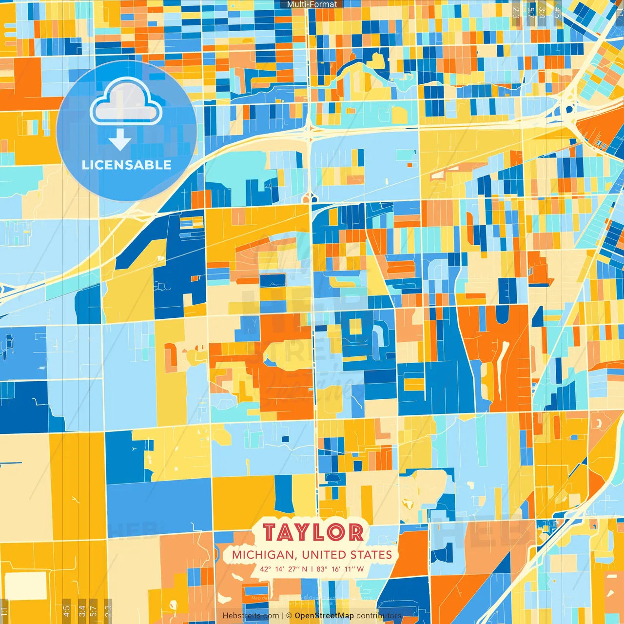 Taylor, Michigan, United States blue and orange vector art map template