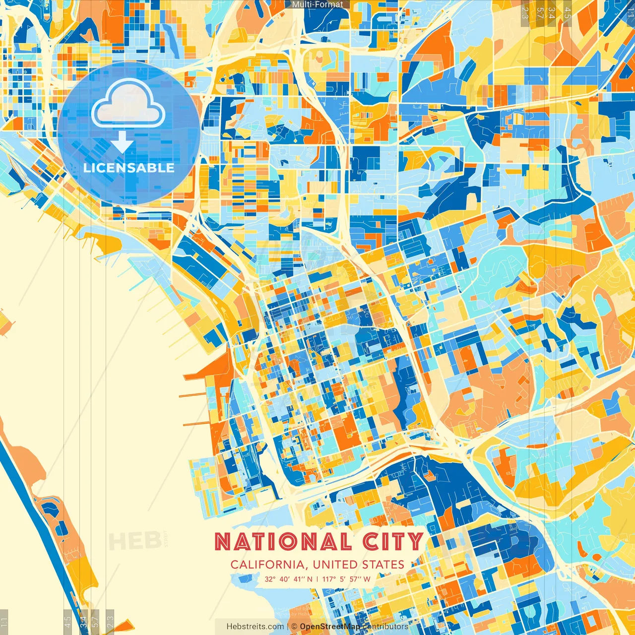 National City, California, United States blue and orange vector art map template