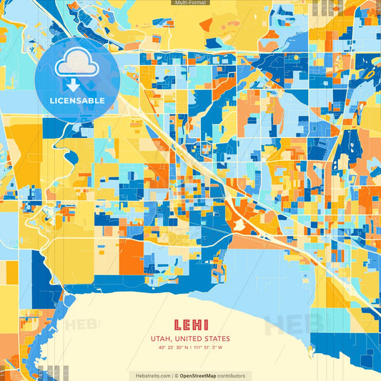 Lehi, Utah, United States blue and orange vector art map template