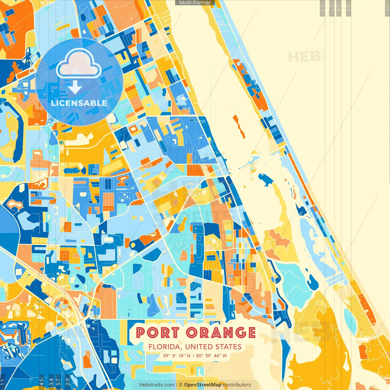 Port Orange, Florida, United States blue and orange vector art map template