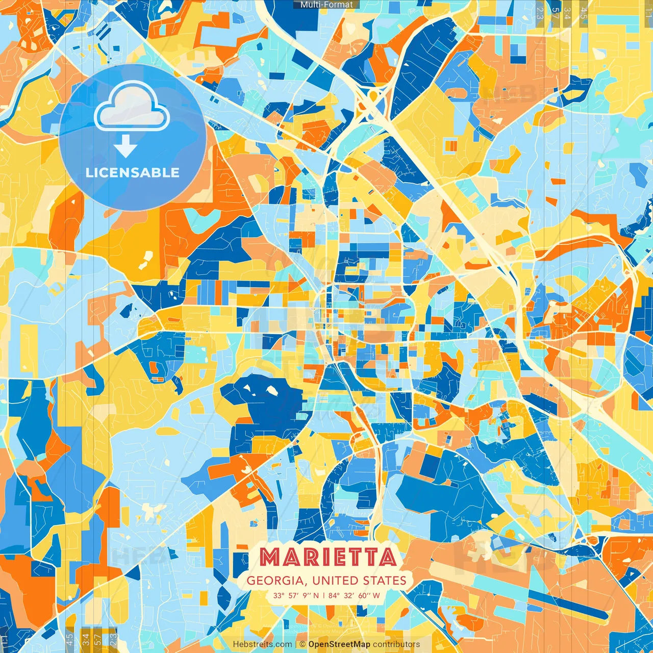 Marietta, Georgia, United States blue and orange vector art map template