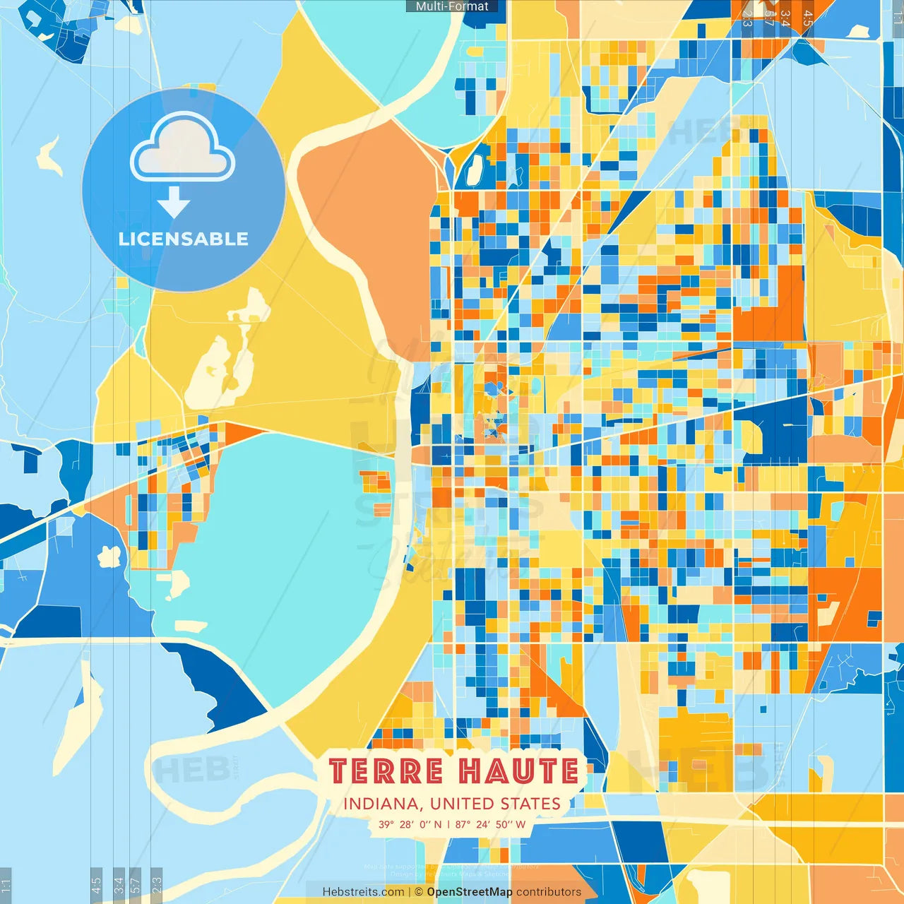 Terre Haute, Indiana, United States blue and orange vector art map template