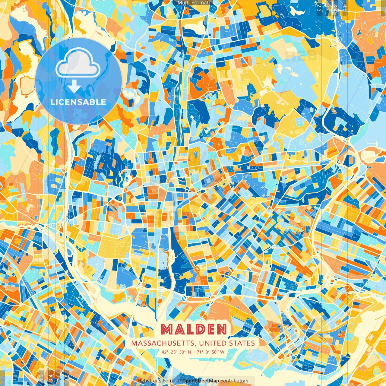 Malden, Massachusetts, United States blue and orange vector art map template