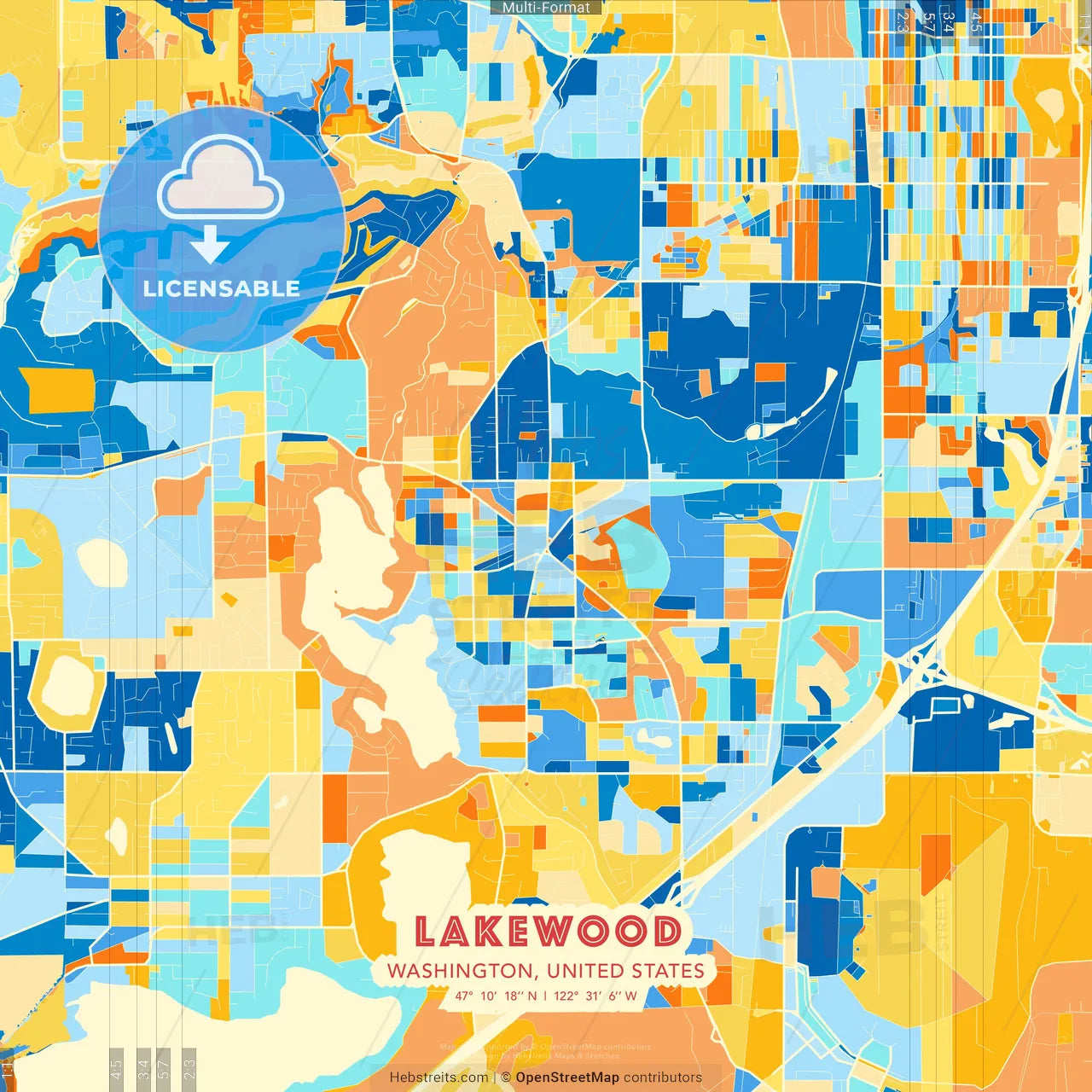 Lakewood, Washington, United States blue and orange vector art map template