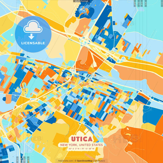 Utica, New York, United States blue and orange vector art map template