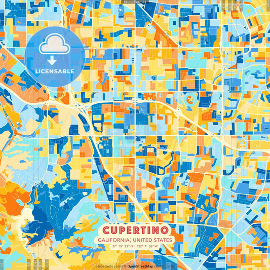 Cupertino, California, United States blue and orange vector art map template