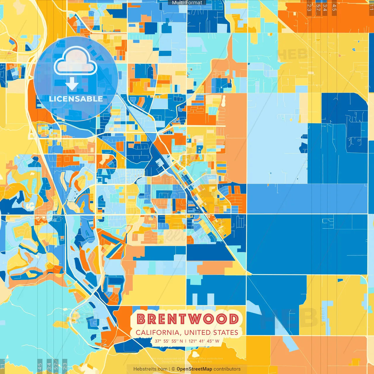 Brentwood, California, United States blue and orange vector art map template