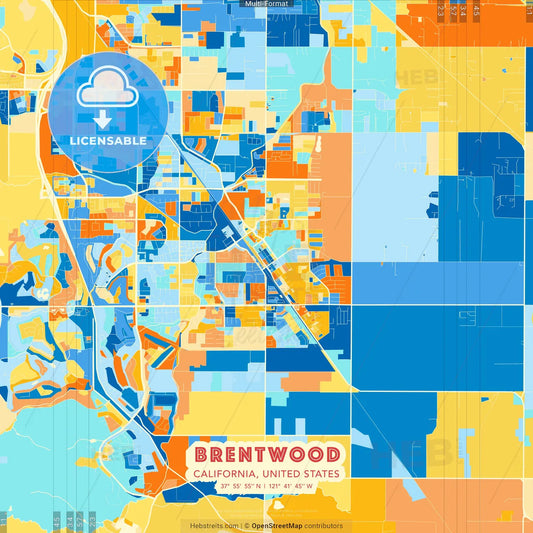 Brentwood, California, United States blue and orange vector art map template
