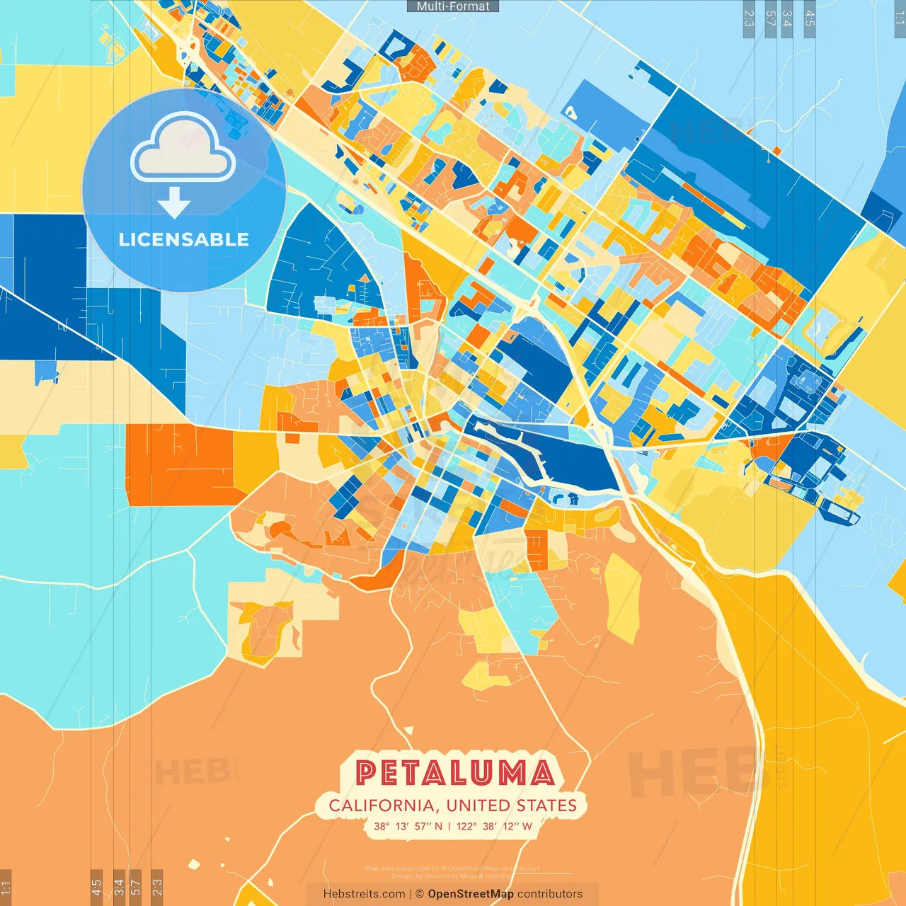 Petaluma, California, United States blue and orange vector art map template