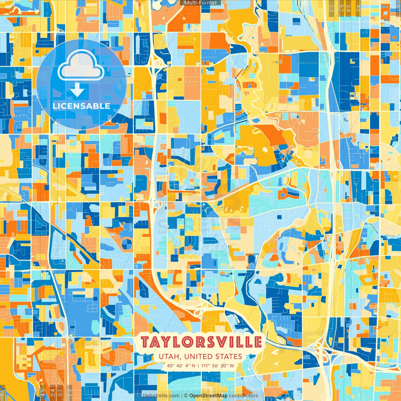 Taylorsville, Utah, United States blue and orange vector art map template